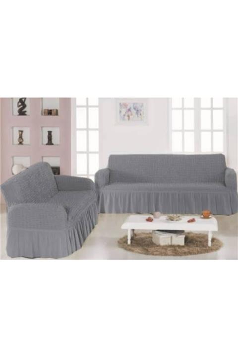 Gerbera Pudra Bürümcük Model 2 Adet Koltuk Kanepe Örtüsü Maxi Model 3+3 Gri