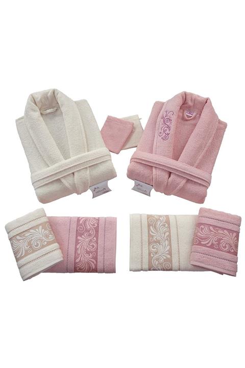 Nurpak Çoşku Nakişli Lüks 8 Parça Krem Pudra Bornoz Seti