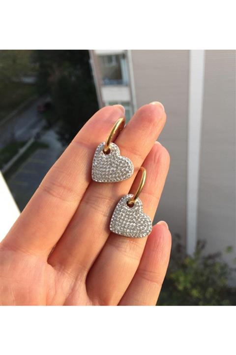 ACCESSORIES WORLD Çelik Zirkon Taşlı Gold Renk Kalp Halka Küpe