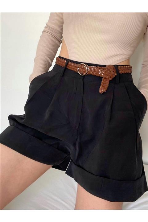 dressizm Yüksek Bel Kemerli Kumaş Şort