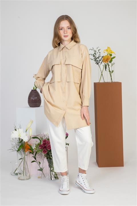 SİNDAL Cepli Koton Gömlek 4-2400 - Camel