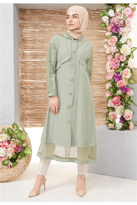 Setrms Kadın Mint Altı Fileli Boydan Düğmeli Pardösü