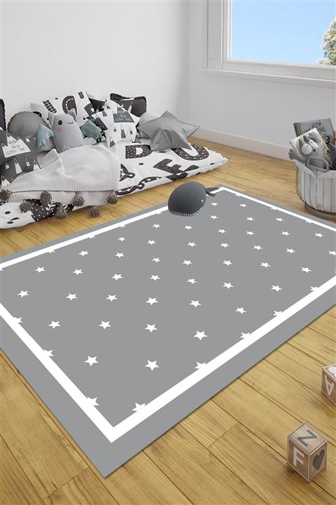 Else Halı 33x180cm Else Gri Beyaz Yıldızlar İskandinav Desenli Çocuk Halısı 1