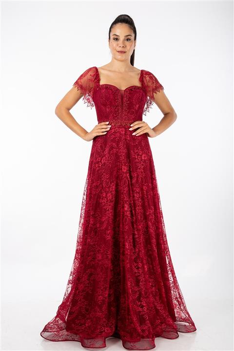 Elbisemhazır Kadın Bordo Parıltılı Fransız Lez Dantel Kol Detaylı Elbise