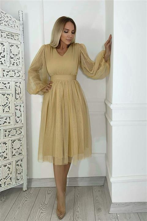 gesmoda Kristal Tül Midi Boy Elbise Krem