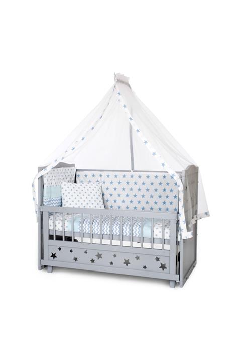 bamgidoo Gri Yıldızlı 3 Kademeli Anne Yanı Beşik 60x120 - Kck Mavi Yıldızlı Uyku Setli+yataklı+tekerlek