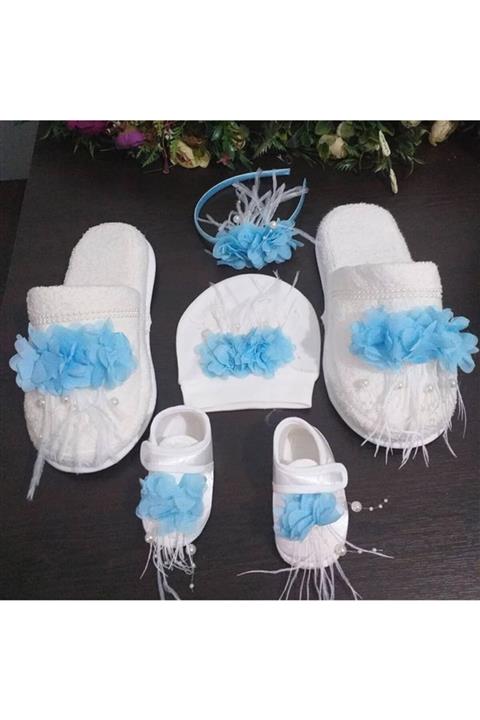 SÜSLÜTASARIM Kadın Mavi Lohusa Terlik Ve Taç Bebek Patik Ve Bandana Tüylü İncili Set