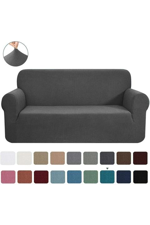 ÖZMAKAN Likrali Koltuk Örtüsü 3+2+1+1 . Koltuk Kılıfı Lastikli Esnek Yikanabilir Kare Desen Berjer Antrasit