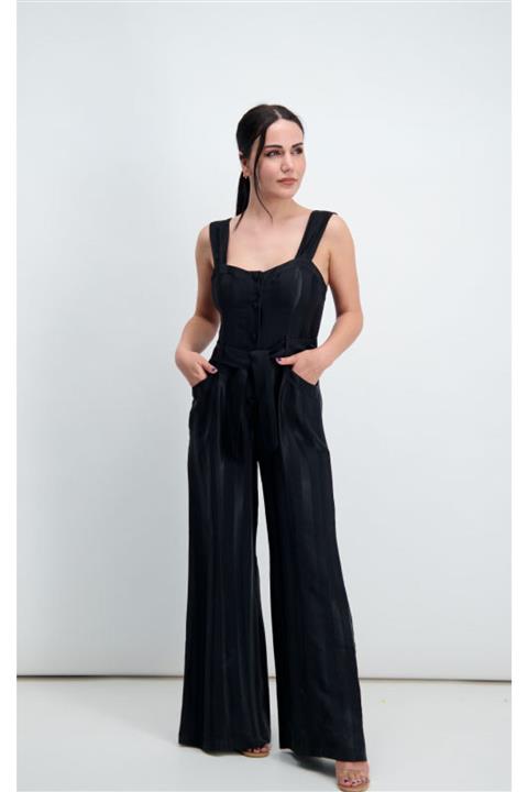 NEWRULES Kadın Siyah Kemerli Kalın Çizgili Tulum