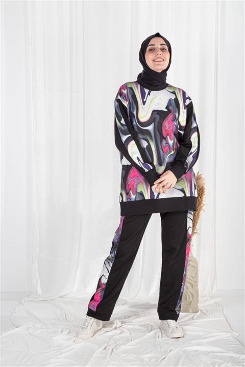 Plistre Desenli Oversize Eşofman Takımı Siyah