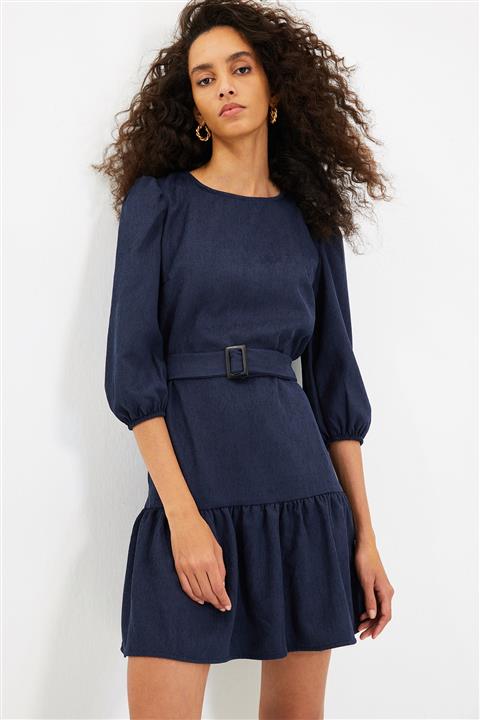 TRENDYOLMİLLA Petrol Kemerli Kadife Elbise TWOAW21EL0952