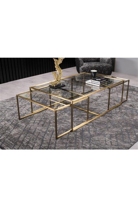 Passion Dekoratif Çok Amaçlı Orta Sehpa Camlı Metal Sarı Orta Masa Modern Özel Tasarım 3 Lü Orta Masa