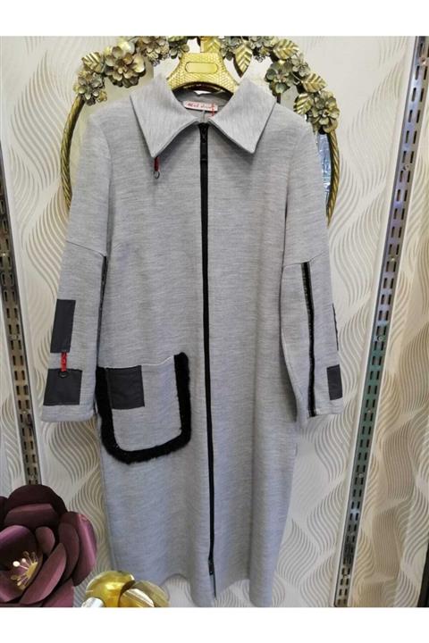 red show Kadın  Gri Tüy Detaylı Pardesü