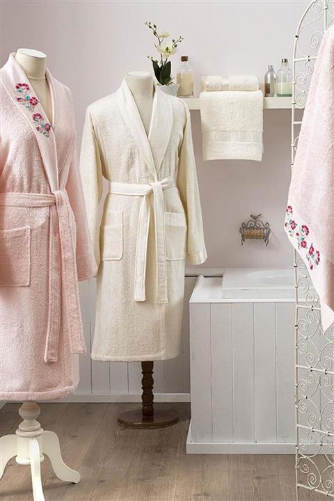 Taç Alini Bambu Aile Bornoz Seti Pembe-ekru