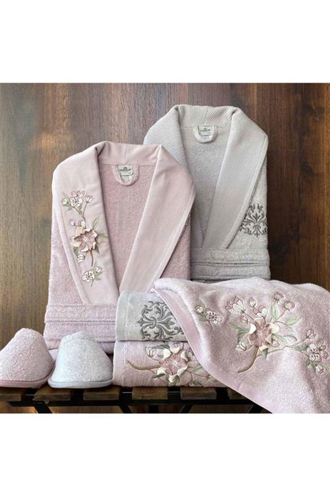 MARİBOR HOME Karmela - 3d Nakışlı Aile Bornoz Seti  Leylak Gri