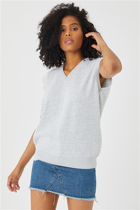 THE DOORE Kadın Gri Basic V Yaka Triko Süveter