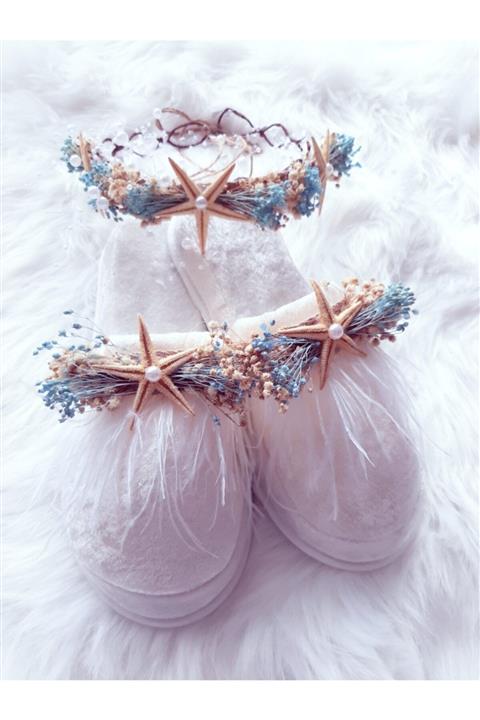 Şeker Tadında Tasarımlar Deniz Yıldızlı Mavi Detaylı Lohusa Taç Terlik Seti