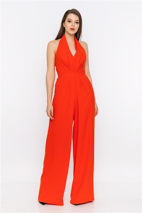 INVIDIA Turuncu Sırt Dekolteli Boyundan Askılı Tulum