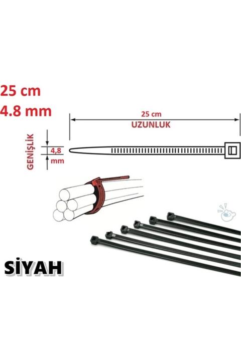 Pemsan (100 ADET) 25cm X 4,8mm Plastik Cırt Kelepçe Kablo Bağı Siyah