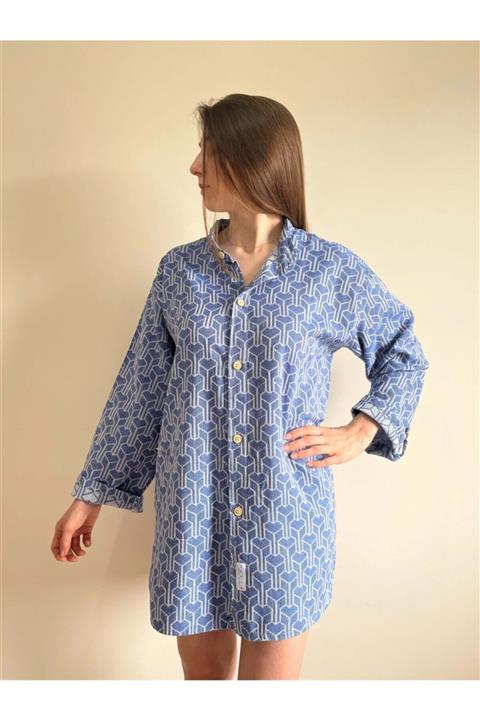 Mulia Unisex Mavi Geometrik Desen Peştemal Gömlek