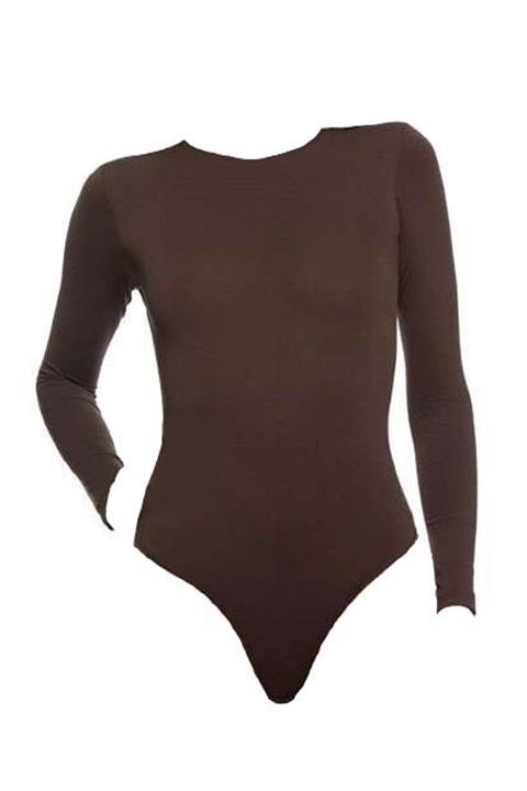 Malabadi Kadın Kahverengi Modal Uzun Kol Bisiklet Yaka Çıtçıtlı Body