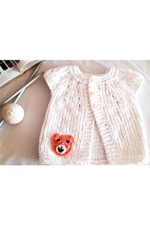 El Emeği32 Beyaz Kadife Bebek Yelek