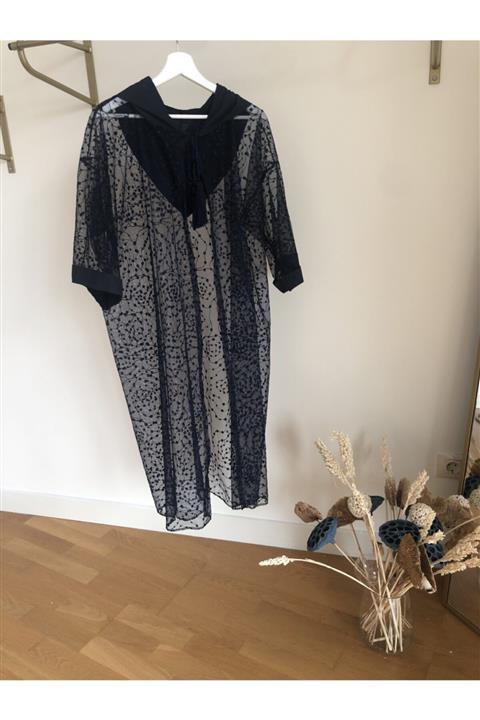 ZUA STYLE Lacivert Kapüşonlu Tül Plaj Elbisesi