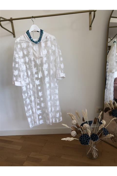 ZUA STYLE Beyaz Yaprak Desenli Kimono