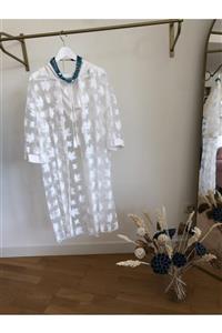 ZUA STYLE Beyaz Yaprak Desenli Kimono