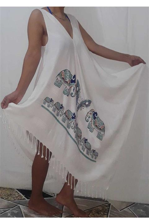 KISAYOL Kadın Beyaz Kalıp Baskılı Peştamal Plaj Elbisesi