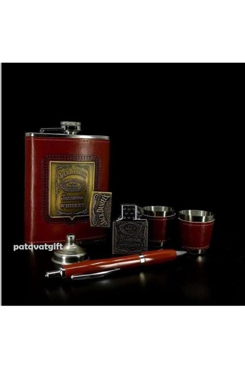 Patavat Özel Tasarım Deri Kaplı Retro Jack Daniels Matara Seti Kahverengi