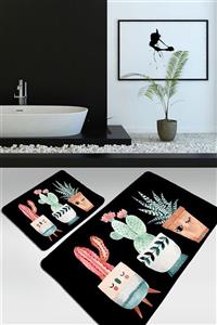 Chilai Home Happy Cactus Djt Siyah 2 Li Set Banyo Halısı Takımı, Klozet Paspası