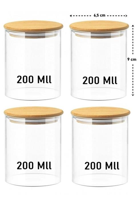 Housess 4 Adet Bambu Vakum Kapaklı Cam Kavanoz Seti 200 Mll