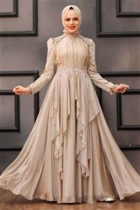 Neva Style Tesettür Abiye Elbise Fırfır Detaylı Bej Tesettür Abiye Elbise 21850bej