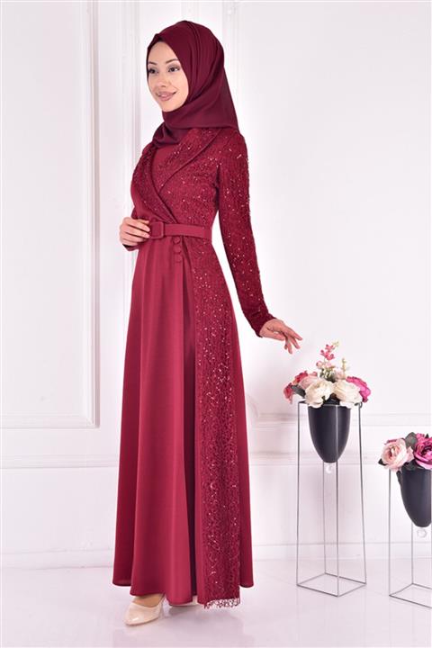 ModaMerve Kadın Bordo  Kemerli Elbise Asm22440