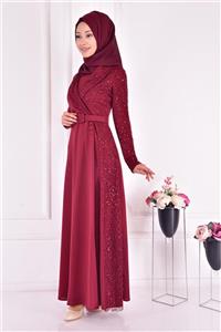 ModaMerve Kadın Bordo  Kemerli Elbise Asm22440