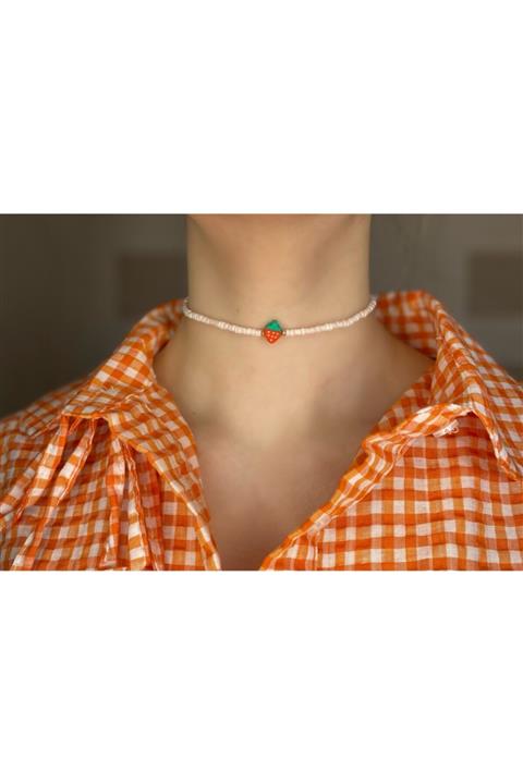 sun accessory Çilek Beyaz Boncuk İp Choker Kolye