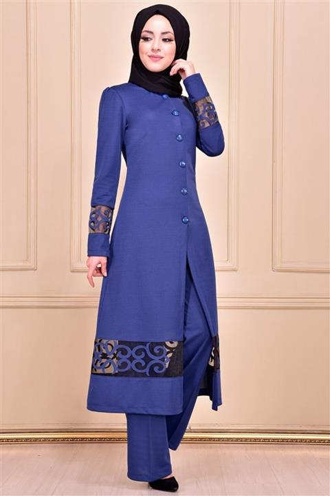 ModaMerve Indigo Düğmeli Tunik Kombin Asm2057