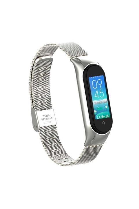Xiaomi Mi Band 6 Uyumlu Tel Örgü Işlemeli Metal Kordon Kayış Gümüş + Popsocket