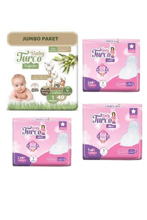 Baby Turco Doğadan Jmb Newborn 40lı Yenidoğan + 3 Adet Lady Turco Ince Ped Gece 7li