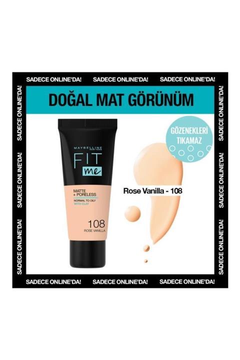 Maybelline New York Mat Fondöten - Fit Me Matte + Poreless Foundation 108 Rose Vanilla 3600531550967