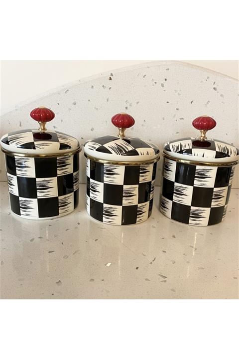 hascollection Emaye Damalı Siyah Krem 3 Lü 10 Cm Kavanoz