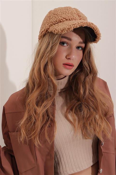 Trend Alaçatı Stili Kadın Bisküvi Peluş Şapka ALC-A2429
