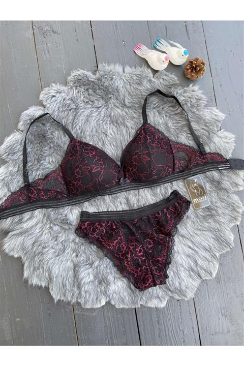 MOOİ Siyah Kırmızı Dantelli Dolgusuz Bralet Takım