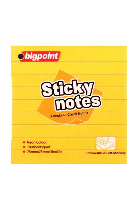 Bigpoint Yapışkanlı Not Kağıdı Çizgili 75x75mm Neon Turuncu 12'li Paket