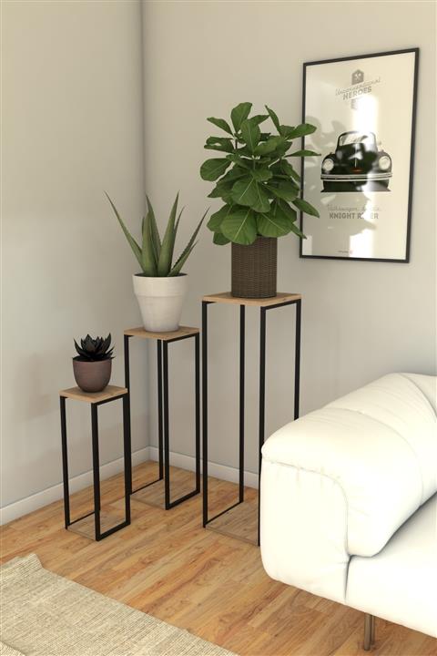 Mobitopya Nilamu Atlantik Çam 3’lü Saksılık / Metal Aksamlı / Açık Raf / Organizer / Ofis / Ev / Dekoratif