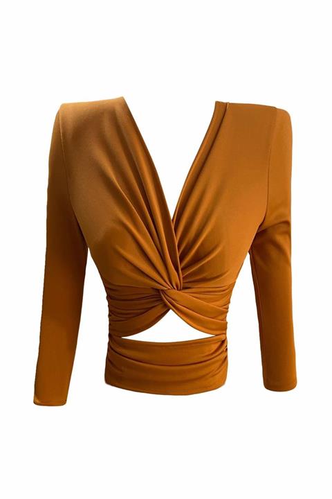 GIRAGIRA Kadın Tarçın Renk Pencere Detaylı Crop Top