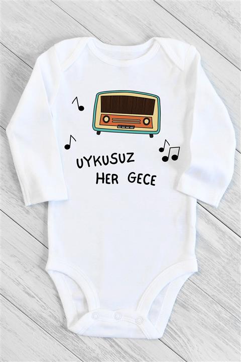 Happy Onesie Co Unisex Bebek Beyaz Yenidoğan Uykusuz Her Gece Uzun Kollu Çıtçıtlı Body