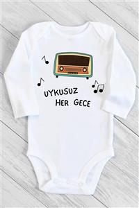 Happy Onesie Co Unisex Bebek Beyaz Yenidoğan Uykusuz Her Gece Uzun Kollu Çıtçıtlı Body