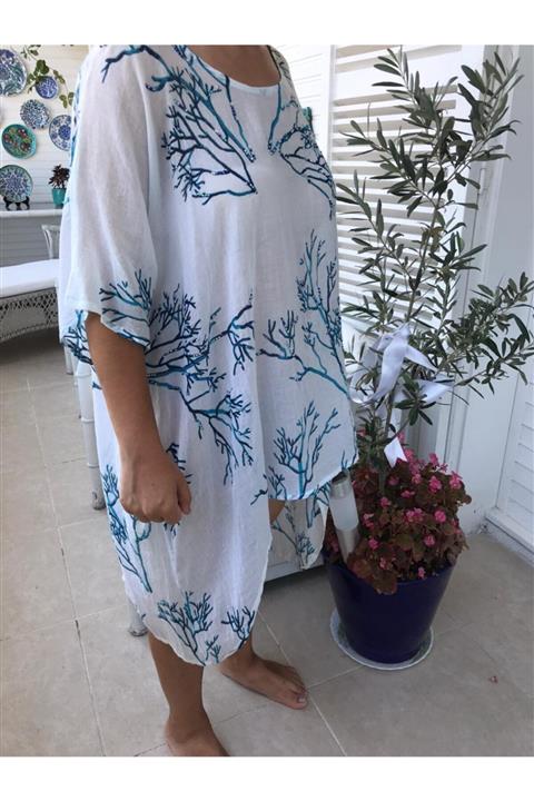 LAYLA Mavi Mercan Baskılı Ve Inci Işlemeli Elbise